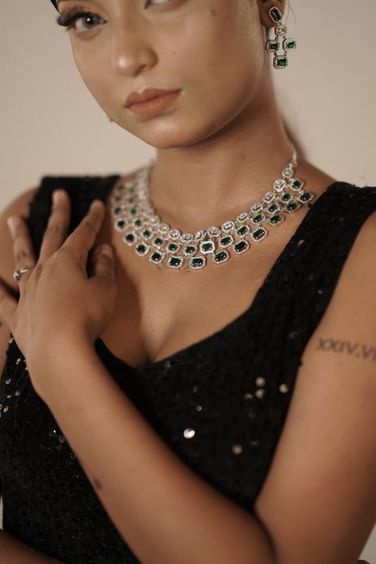 Gothica Queen Elowen Necklace set with AAA quality American Diamond stones and regal emerald green brilliance.