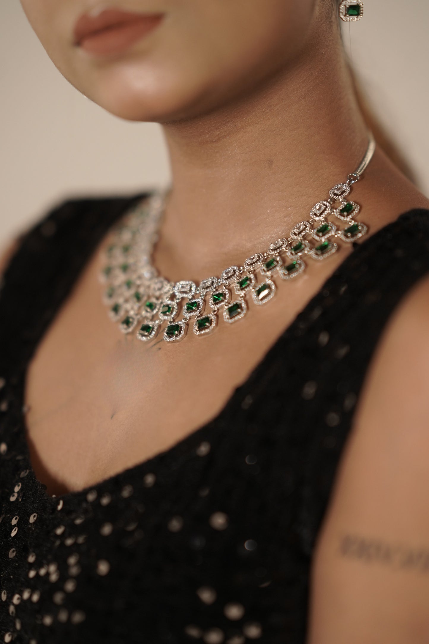 Gothica Queen Elowen Necklace set with AAA quality American Diamond stones and regal emerald green brilliance.
