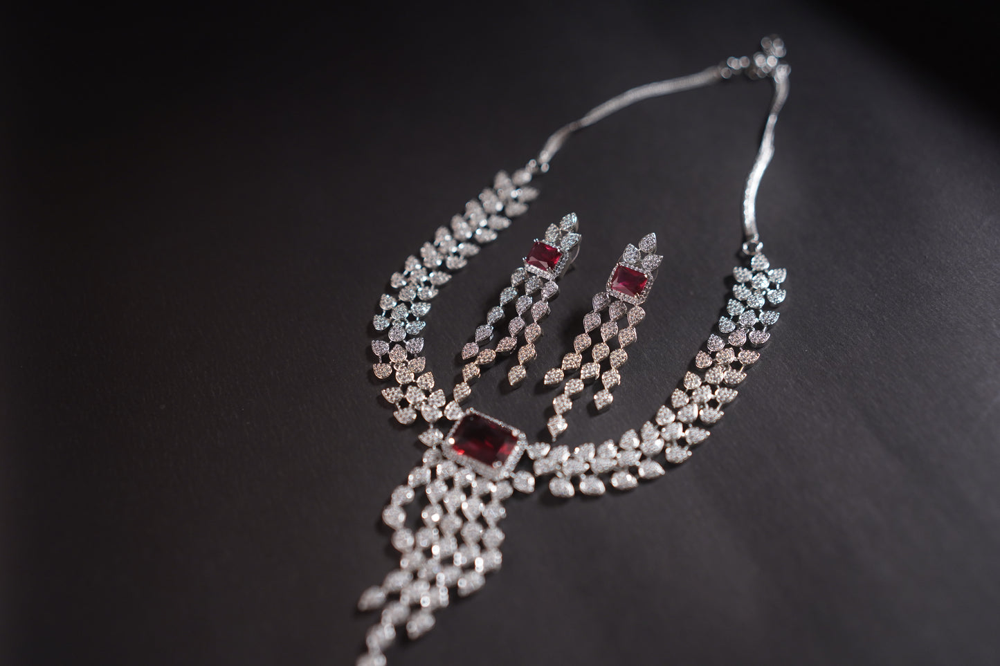 Gothica The Bloodflame Necklace set featuring AAA Quality American Diamonds with rhodium plating