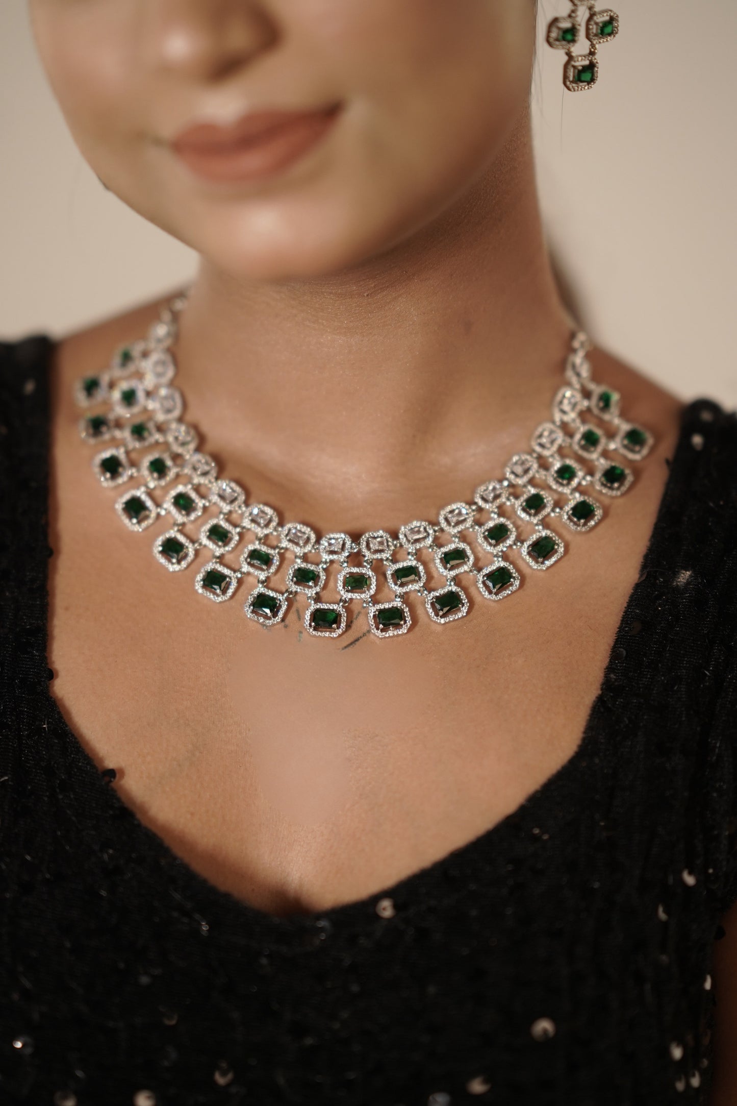 Gothica Queen Elowen Necklace set with AAA quality American Diamond stones and regal emerald green brilliance.