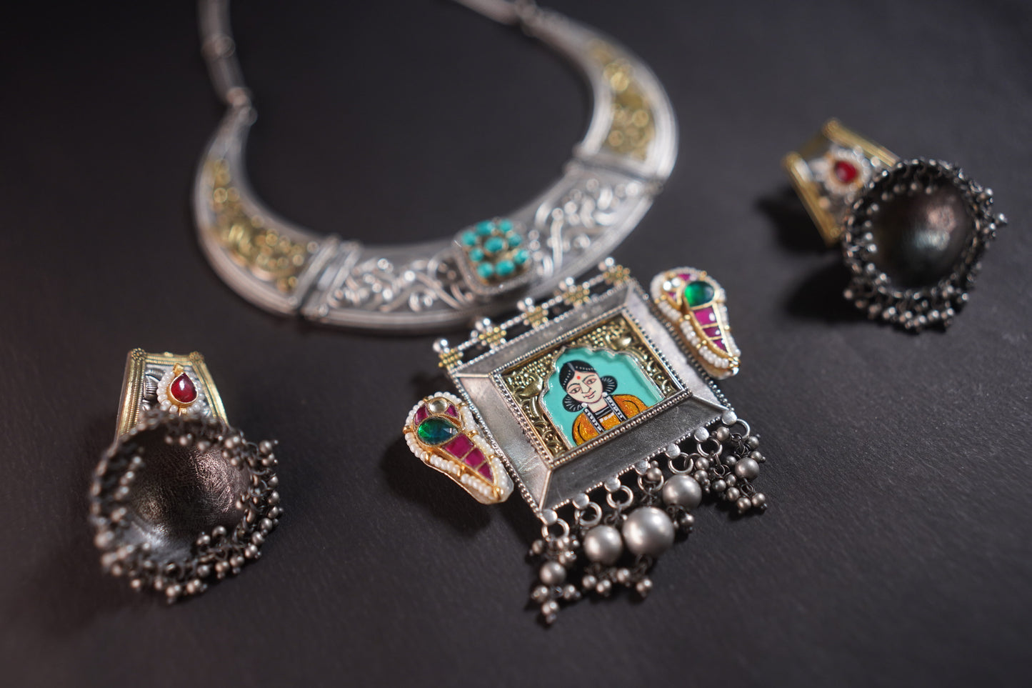 Gothica Roopkatha Handmade Statement Hasli Necklace set with Jhumkis with Meena work and dual tone