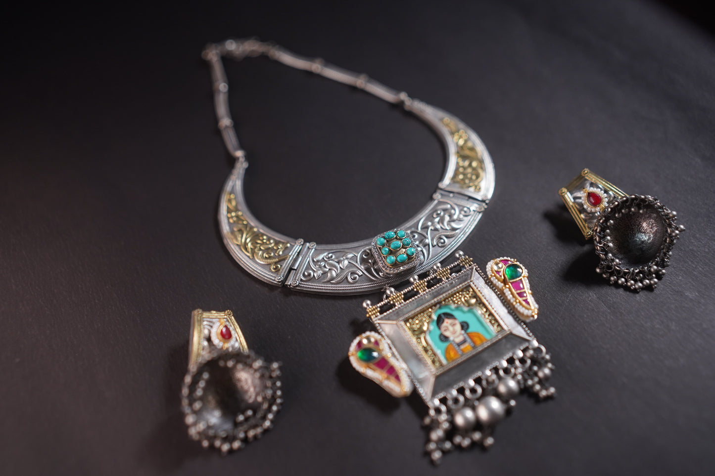 Gothica Roopkatha Handmade Statement Hasli Necklace set with Jhumkis with Meena work and dual tone