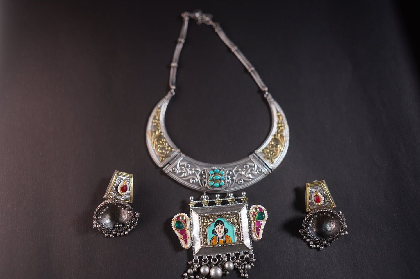 Gothica Roopkatha Handmade Statement Hasli Necklace set with Jhumkis with Meena work and dual tone