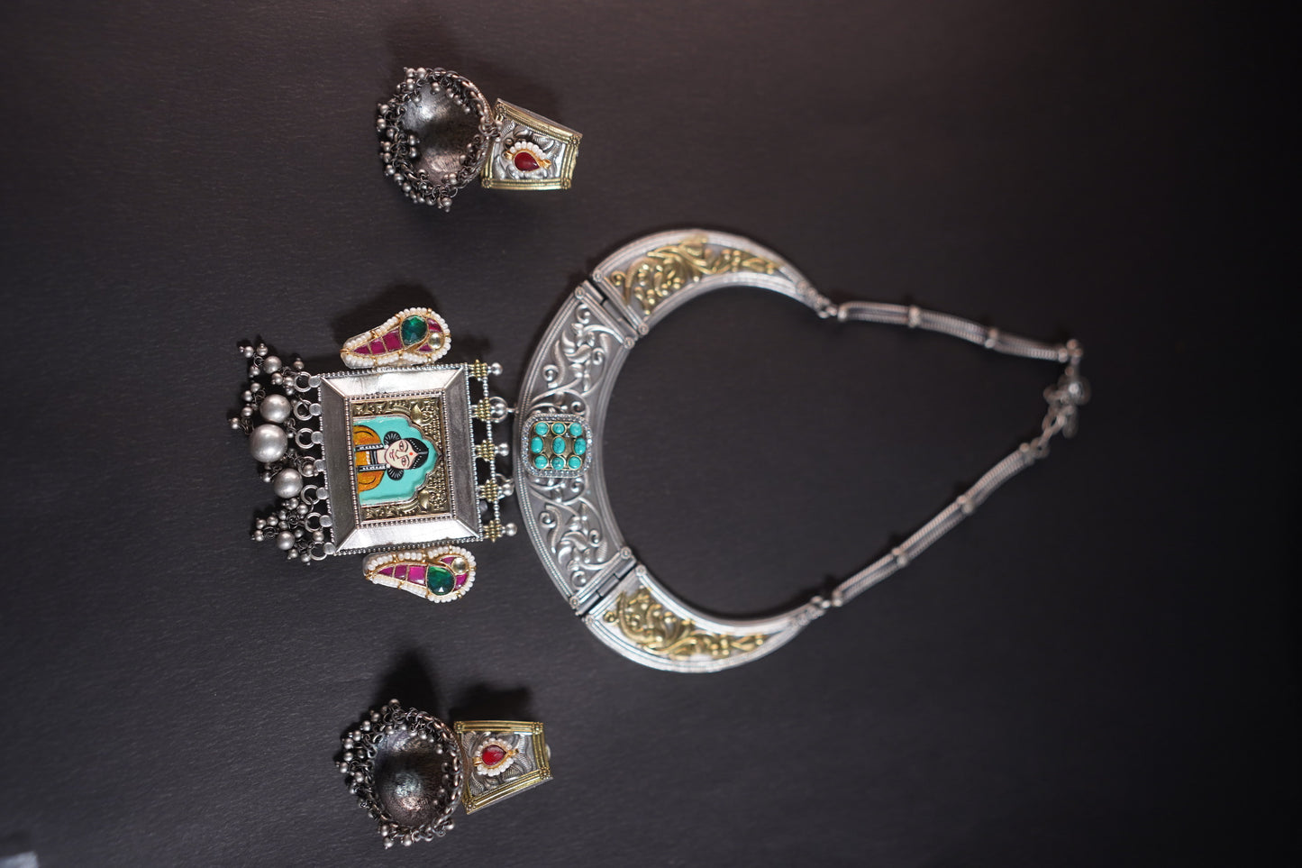 Gothica Roopkatha Handmade Statement Hasli Necklace set with Jhumkis with Meena work and dual tone