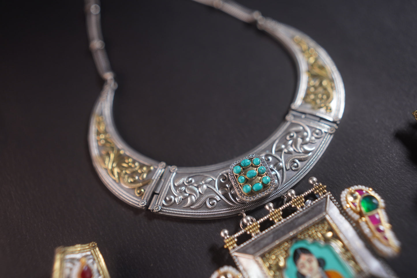 Gothica Roopkatha Handmade Statement Hasli Necklace set with Jhumkis with Meena work and dual tone