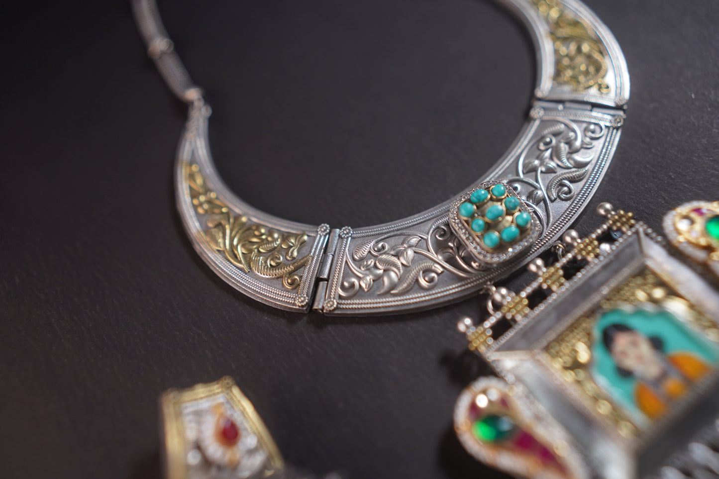 Gothica Roopkatha Handmade Statement Hasli Necklace set with Jhumkis with Meena work and dual tone