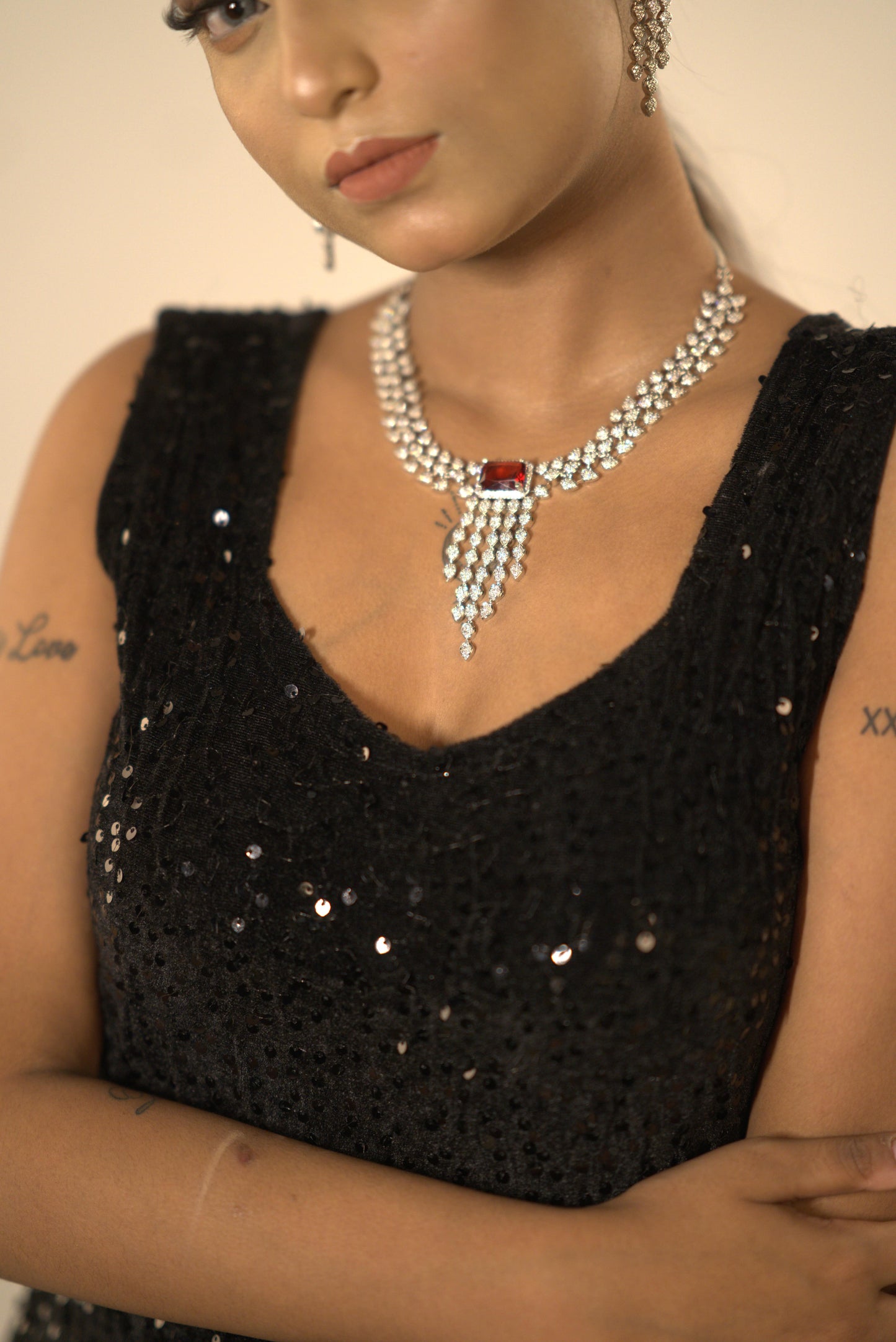 Gothica The Bloodflame Necklace set featuring AAA Quality American Diamonds with rhodium plating