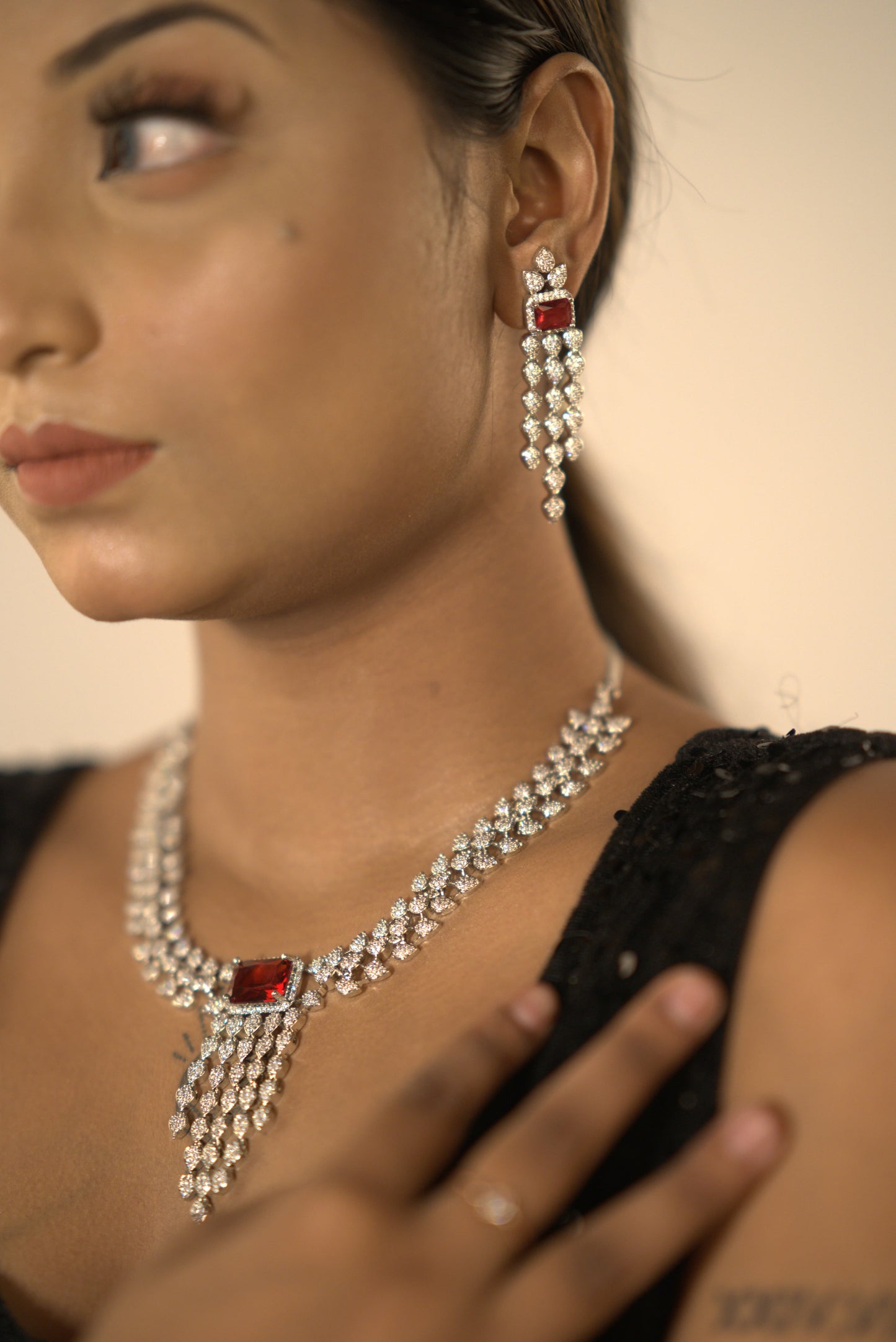 Gothica The Bloodflame Necklace set featuring AAA Quality American Diamonds with rhodium plating