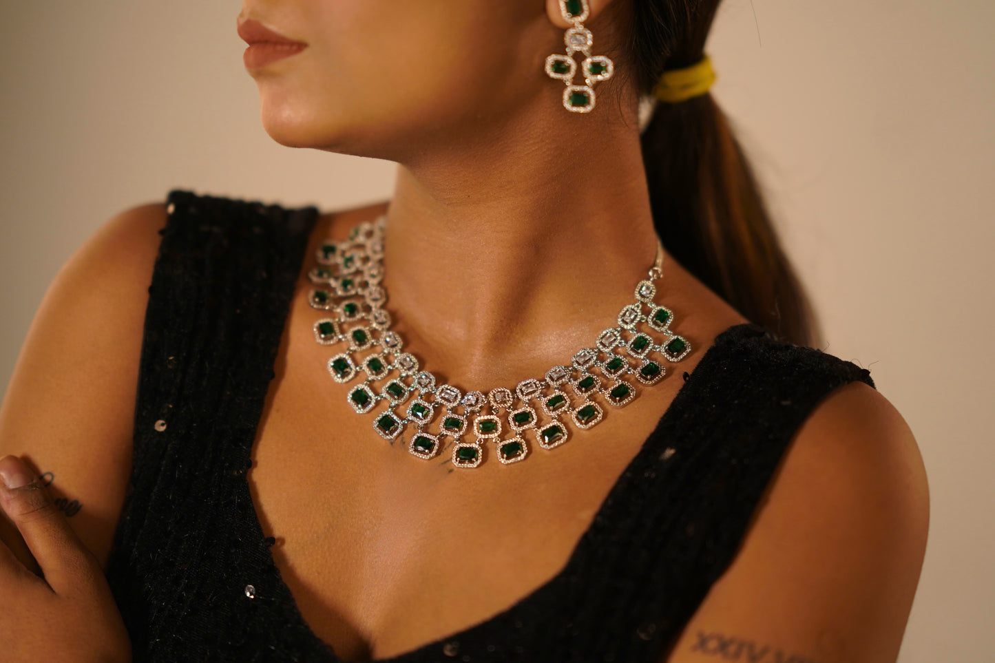 Gothica Queen Elowen Necklace set with AAA quality American Diamond stones and regal emerald green brilliance.