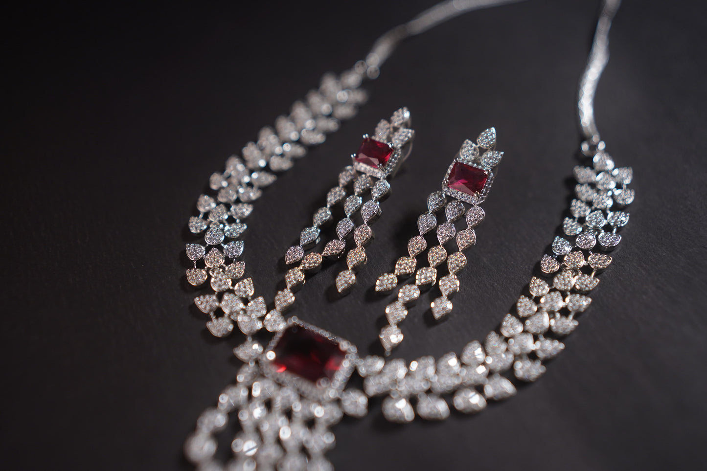 Gothica The Bloodflame Necklace set featuring AAA Quality American Diamonds with rhodium plating