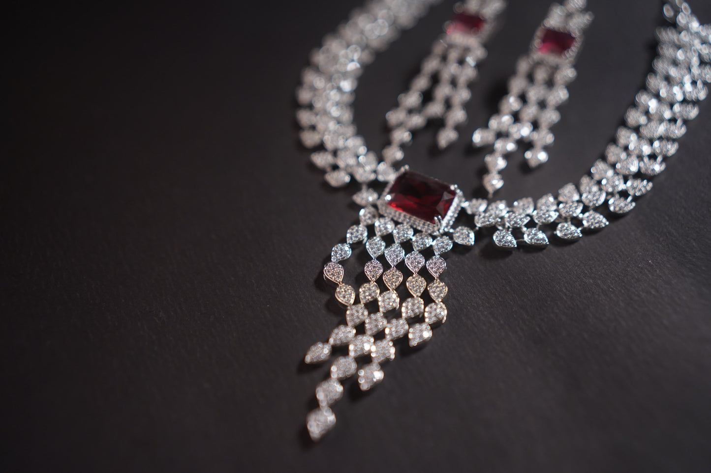 Gothica The Bloodflame Necklace set featuring AAA Quality American Diamonds with rhodium plating