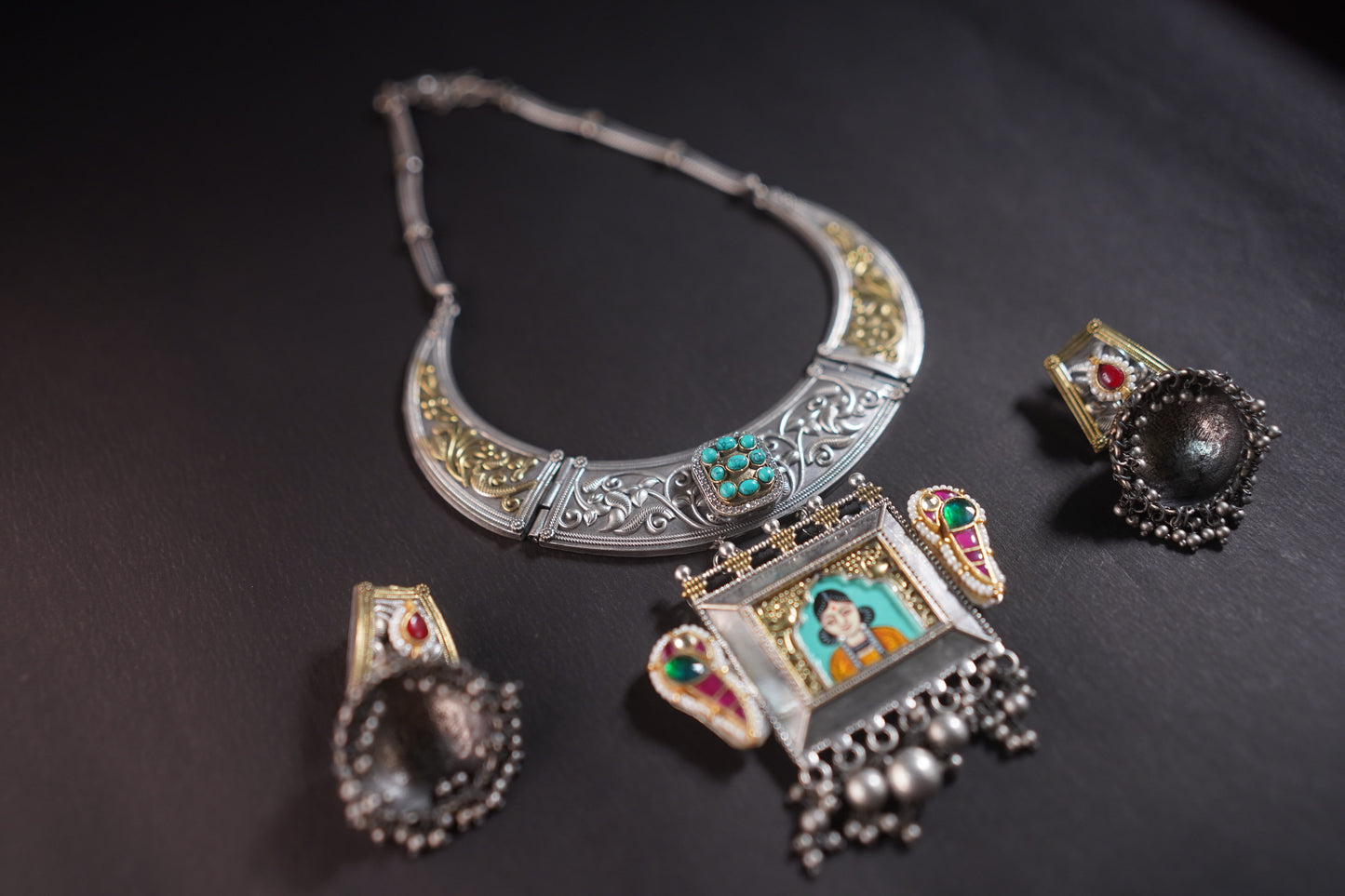Gothica Roopkatha Handmade Statement Hasli Necklace set with Jhumkis with Meena work and dual tone
