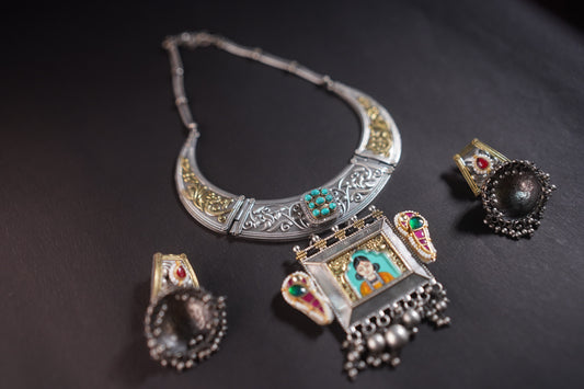 Gothica Roopkatha Handmade Statement Hasli Necklace set with Jhumkis with Meena work and dual tone