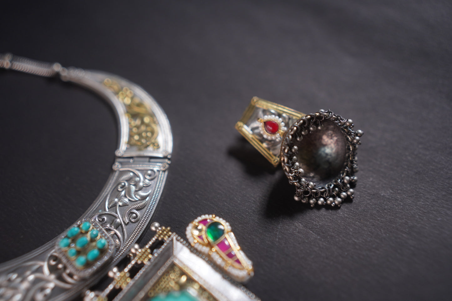 Gothica Roopkatha Handmade Statement Hasli Necklace set with Jhumkis with Meena work and dual tone