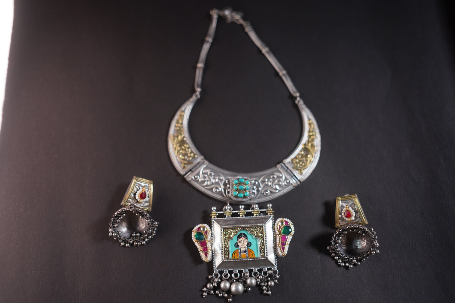 Gothica Roopkatha Handmade Statement Hasli Necklace set with Jhumkis with Meena work and dual tone