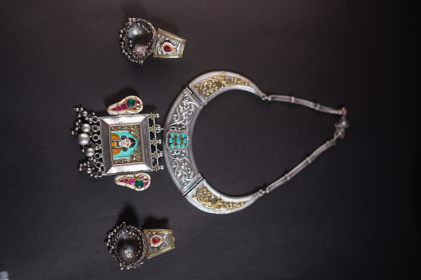 Gothica Roopkatha Handmade Statement Hasli Necklace set with Jhumkis with Meena work and dual tone