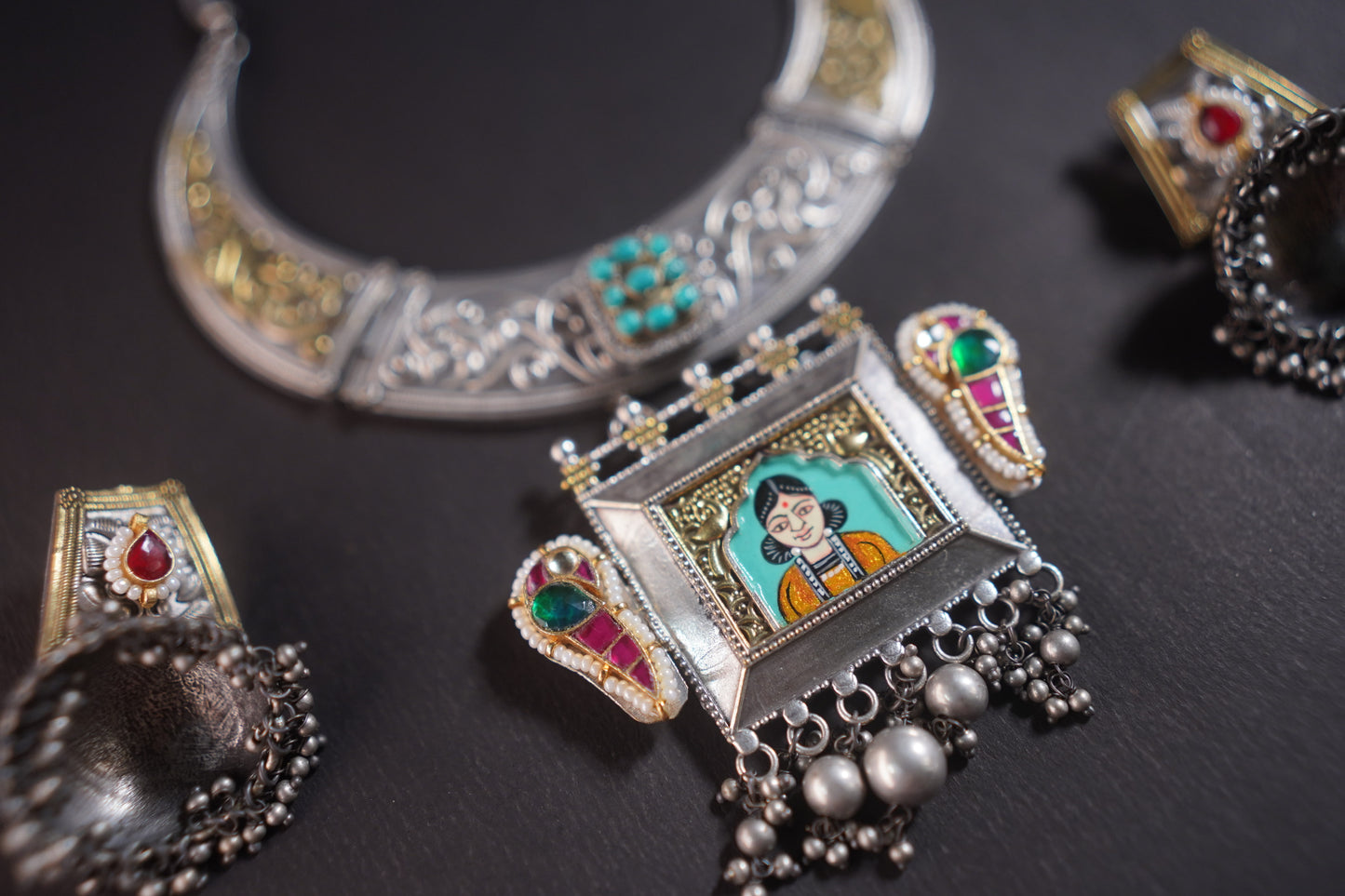 Gothica Roopkatha Handmade Statement Hasli Necklace set with Jhumkis with Meena work and dual tone