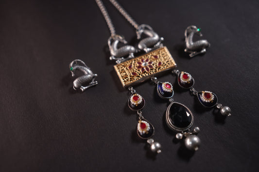 Gothica Hand of the Hart  Statement Necklace set Handmade with artistry Kundan work, enamel inlay.