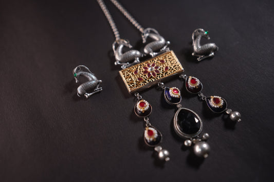 Gothica Hand of the Hart  Statement Necklace set Handmade with artistry Kundan work, enamel inlay.