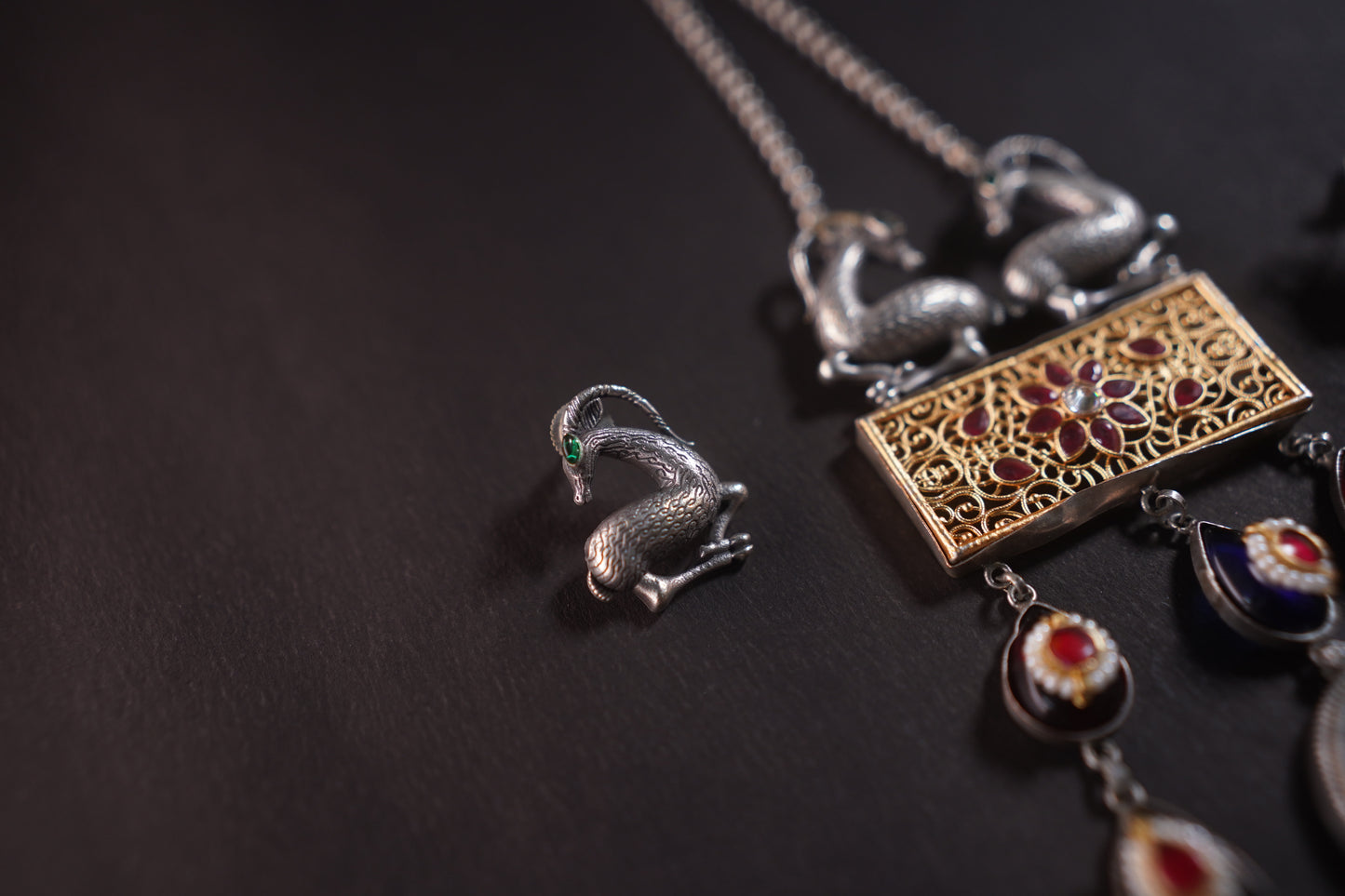 Gothica Hand of the Hart  Statement Necklace set Handmade with artistry Kundan work, enamel inlay.