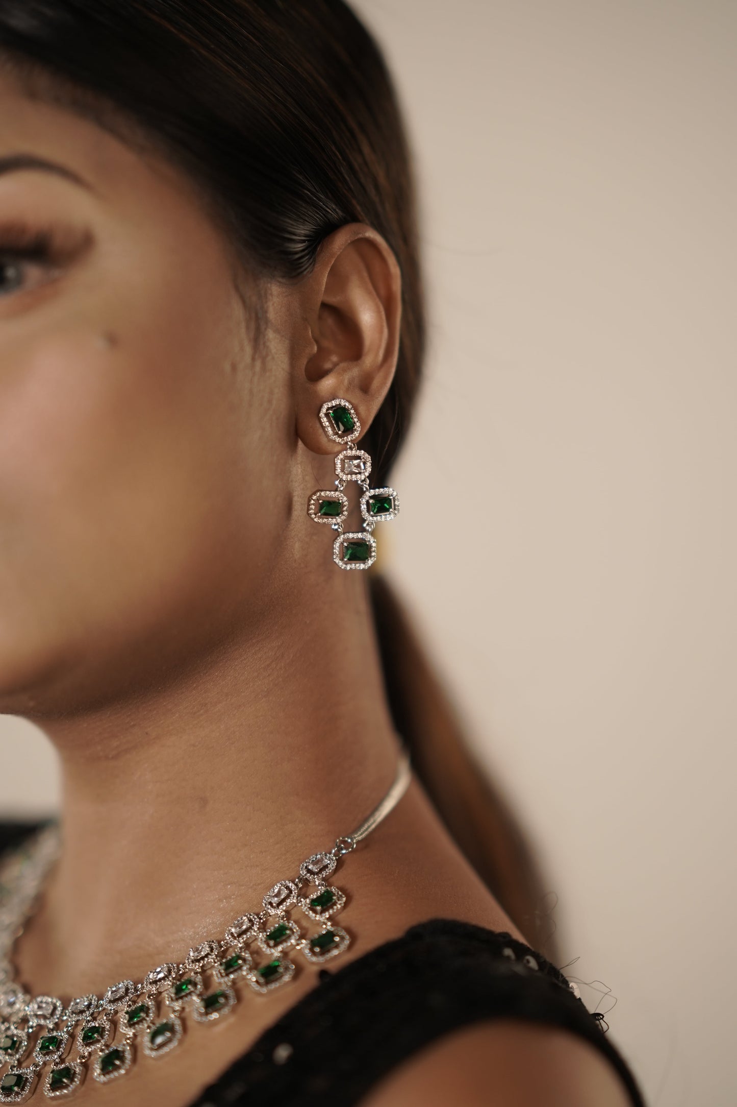 Gothica Queen Elowen Necklace set with AAA quality American Diamond stones and regal emerald green brilliance.