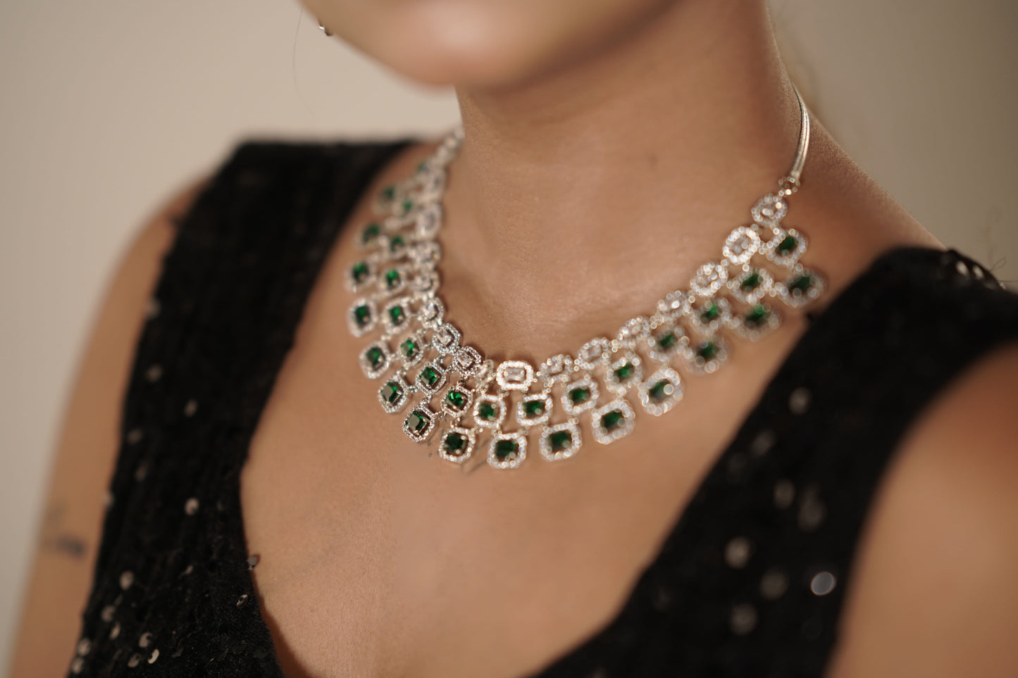 Gothica Queen Elowen Necklace set with AAA quality American Diamond stones and regal emerald green brilliance.