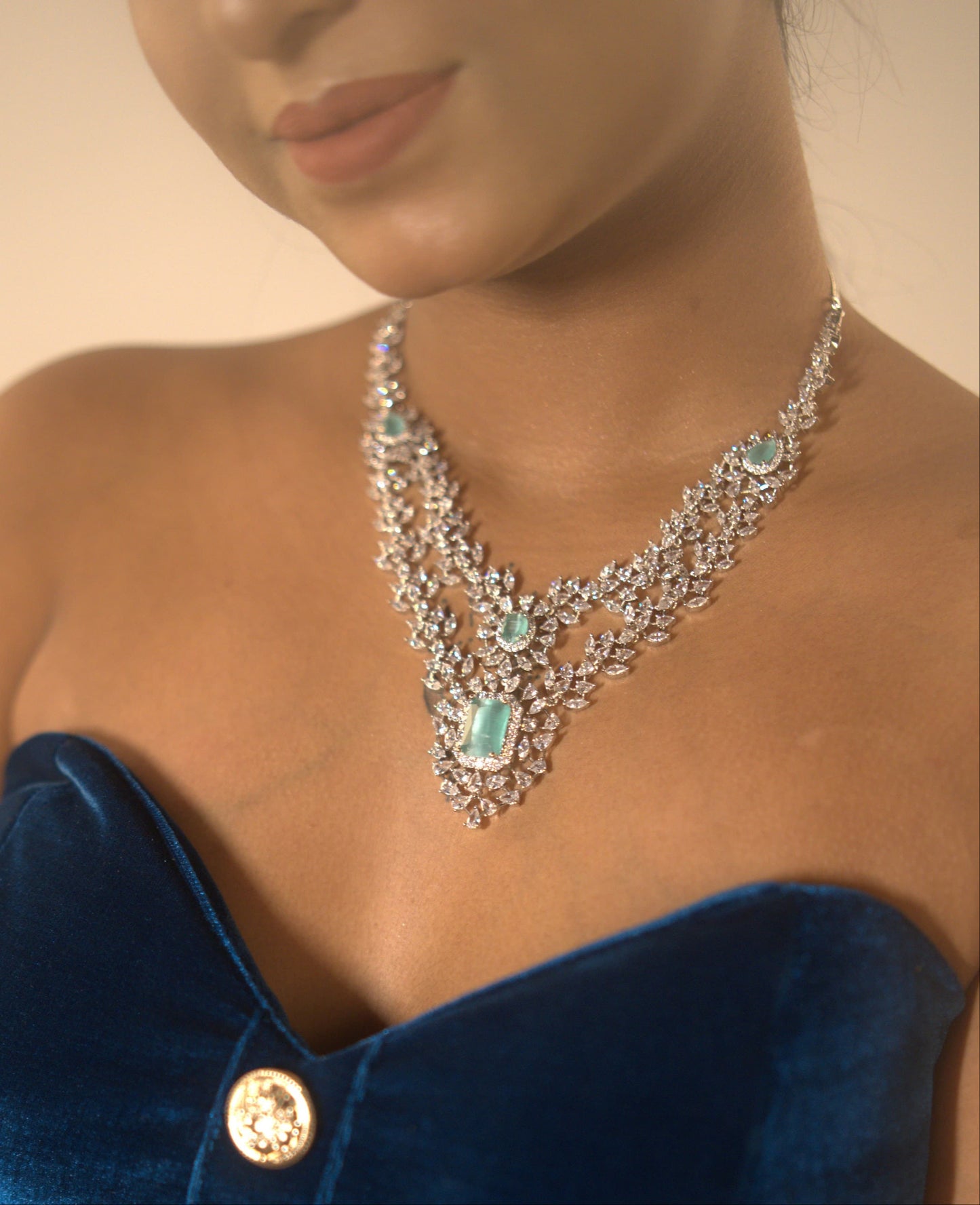 Gothica Ocean’s Whisper with Ocean Blue & White American Diamond Necklace Set in Rhodium Finish