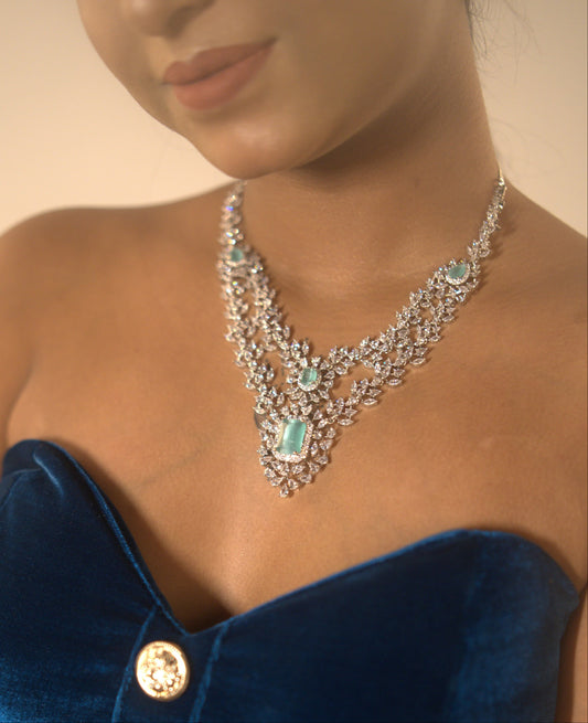 Gothica Ocean’s Whisper with Ocean Blue & White American Diamond Necklace Set in Rhodium Finish