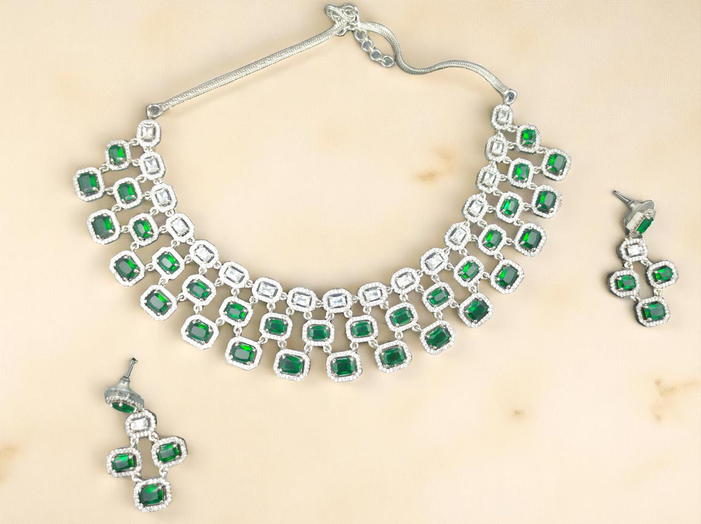 Gothica Queen Elowen Necklace set with AAA quality American Diamond stones and regal emerald green brilliance.
